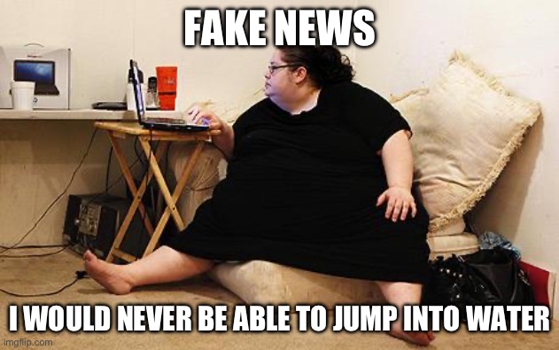 Obese Woman at Computer | FAKE NEWS I WOULD NEVER BE ABLE TO JUMP INTO WATER | image tagged in obese woman at computer | made w/ Imgflip meme maker