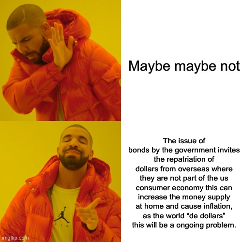Drake Hotline Bling Meme | The issue of bonds by the government invites the repatriation of dollars from overseas where they are not part of the us consumer economy th | image tagged in memes,drake hotline bling | made w/ Imgflip meme maker