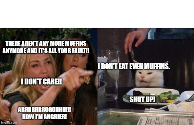 Arguments with my mom be like (I'm on left) | THERE AREN'T ANY MORE MUFFINS ANYMORE AND IT'S ALL YOUR FAULT!! I DON'T EAT EVEN MUFFINS. I DON'T CARE!! SHUT UP! ARRRRRRRGGGHHH!!! NOW I'M ANGRIER! | image tagged in memes,woman yelling at cat | made w/ Imgflip meme maker