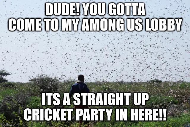 My lobbies in Among Us have enough room for a bouncy house | DUDE! YOU GOTTA COME TO MY AMONG US LOBBY; ITS A STRAIGHT UP CRICKET PARTY IN HERE!! | image tagged in cricket party,memes,meme,among us,crewmate,imposter | made w/ Imgflip meme maker