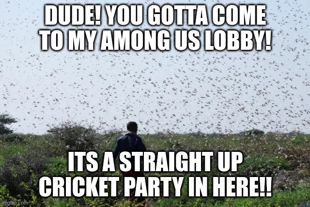 My Among Us lobbies have enough room for a bouncy house | DUDE! YOU GOTTA COME TO MY AMONG US LOBBY! ITS A STRAIGHT UP CRICKET PARTY IN HERE!! | image tagged in cricket party,among us,crewmate,among us memes | made w/ Imgflip meme maker