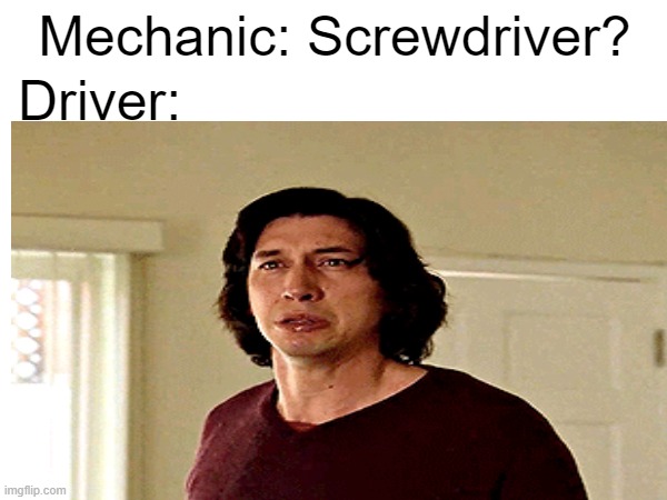 Driver:; Mechanic: Screwdriver? | image tagged in adam driver,mechanic | made w/ Imgflip meme maker