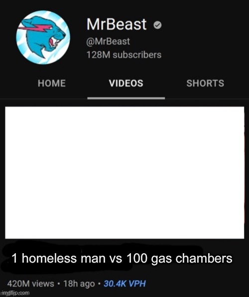 MrBeast thumbnail template | 1 homeless man vs 100 gas chambers | image tagged in mrbeast thumbnail template | made w/ Imgflip meme maker