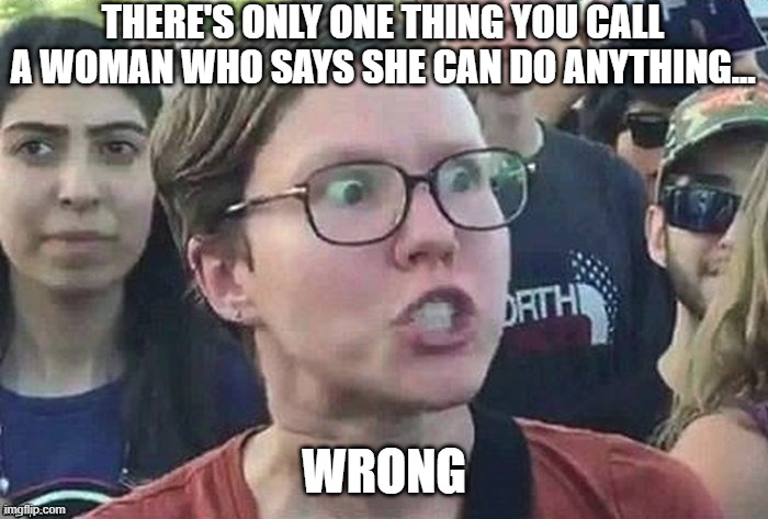 Wrong | THERE'S ONLY ONE THING YOU CALL A WOMAN WHO SAYS SHE CAN DO ANYTHING... WRONG | image tagged in meme angry woman | made w/ Imgflip meme maker