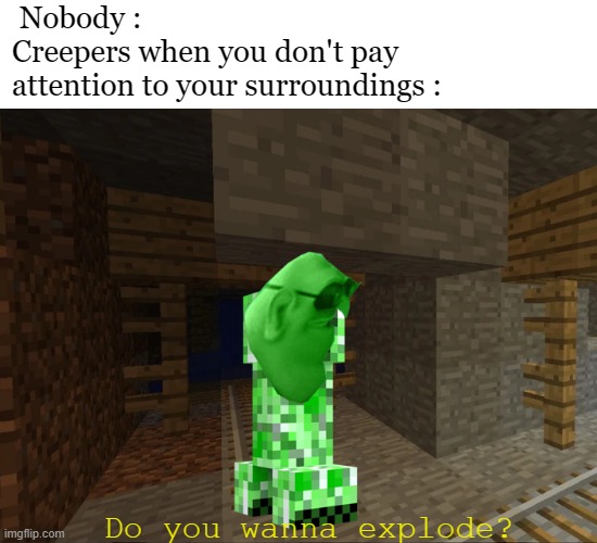 Creeper , aww man | Nobody :
Creepers when you don't pay attention to your surroundings :; Do you wanna explode? | image tagged in fr,relatable,minecraft creeper,do you want to explode,montage | made w/ Imgflip meme maker