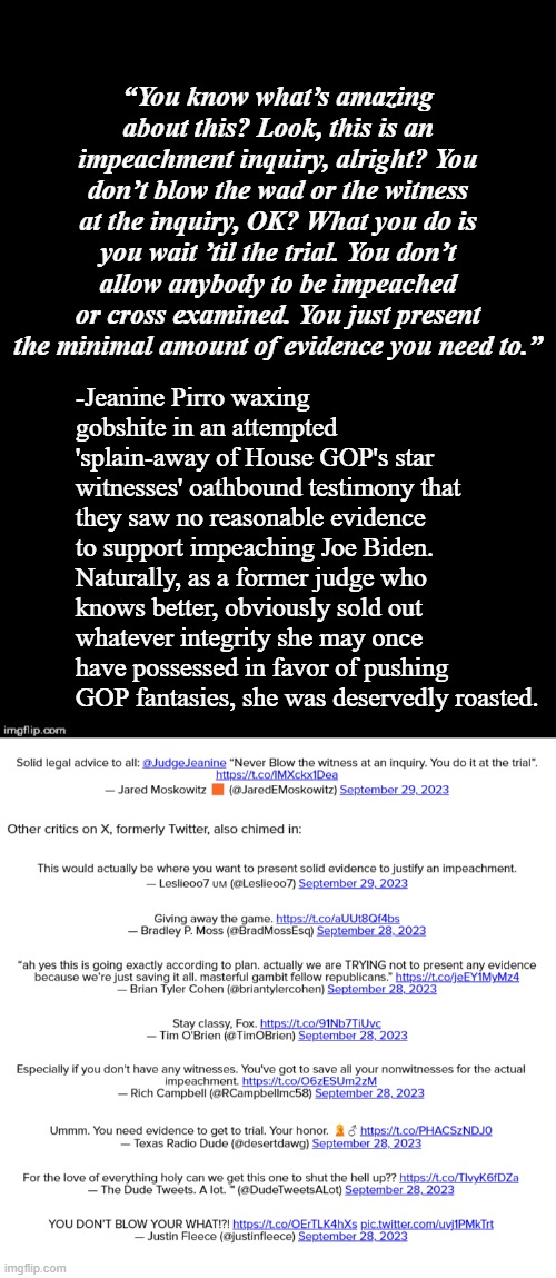 "Jeanine Pirro stupids again." *OR* "Only the truly brain-dead would ever fall for that." | “You know what’s amazing about this? Look, this is an impeachment inquiry, alright? You don’t blow the wad or the witness at the inquiry, OK? What you do is you wait ’til the trial. You don’t allow anybody to be impeached or cross examined. You just present the minimal amount of evidence you need to.”; -Jeanine Pirro waxing gobshite in an attempted 'splain-away of House GOP's star witnesses' oathbound testimony that they saw no reasonable evidence to support impeaching Joe Biden. Naturally, as a former judge who knows better, obviously sold out whatever integrity she may once have possessed in favor of pushing GOP fantasies, she was deservedly roasted. | image tagged in stupidity | made w/ Imgflip meme maker