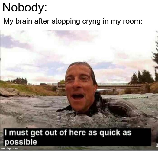 I'm stopping crying in my room after crying about it because it stopped it | Nobody:; My brain after stopping cryng in my room: | image tagged in i must get out of here as quick as possible,memes,funny | made w/ Imgflip meme maker