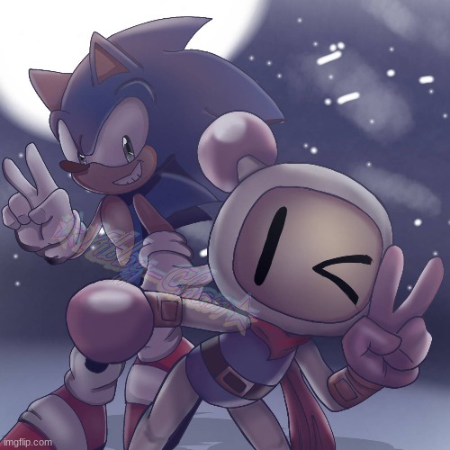 Shirobon/White Bomber and Sonic (Art by YibbyChan) | image tagged in crossover | made w/ Imgflip meme maker