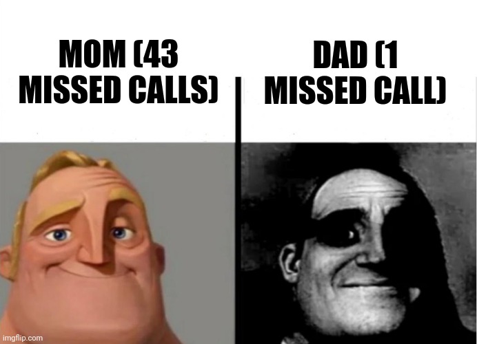 I've never even had a missed call from my dad but I'm terrified to | MOM (43 MISSED CALLS); DAD (1 MISSED CALL) | image tagged in teacher's copy,nohitwonder,missed call,mom,dad,phones | made w/ Imgflip meme maker