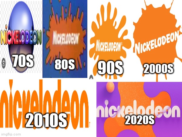 Evolution of Nickelodeon by decade. Generations of Nick | 70S; 80S; 90S; 2000S; 2010S; 2020S | image tagged in generations of nick,nickelodeon memes,evolution of nickelodeon,nostalgia,cable tv channel,cable network | made w/ Imgflip meme maker