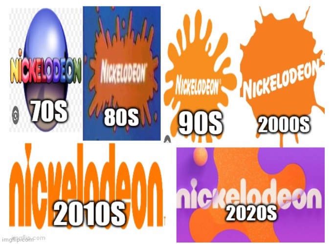 Evolution of Nickelodeon by decade. Generations of Nick | image tagged in nickelodeon,evolution of nick,generations of nick,cable tv channel,nickelodeon memes,cable network | made w/ Imgflip meme maker