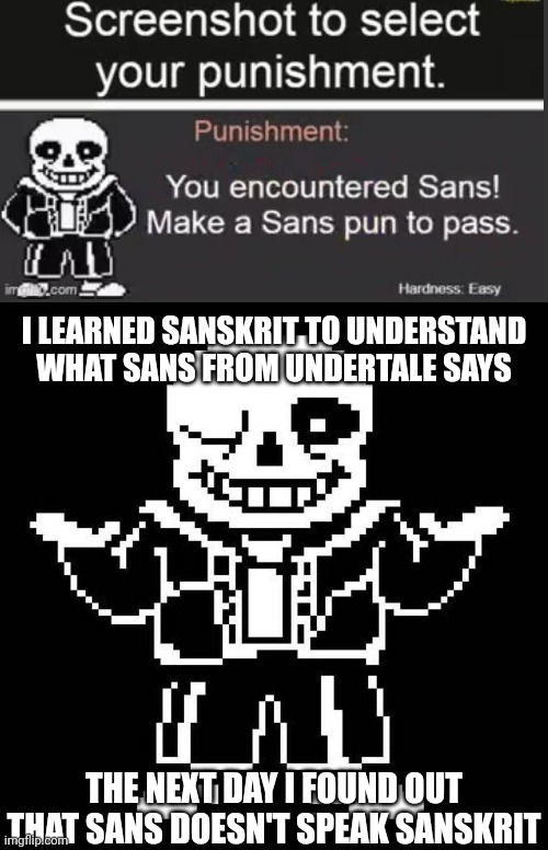 Shitty pun | I LEARNED SANSKRIT TO UNDERSTAND WHAT SANS FROM UNDERTALE SAYS; THE NEXT DAY I FOUND OUT THAT SANS DOESN'T SPEAK SANSKRIT | image tagged in sans undertale,bad pun,eyeroll | made w/ Imgflip meme maker