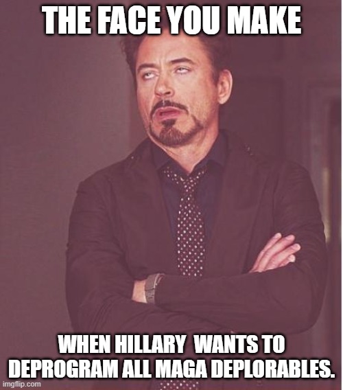 TRY IT BITCH AND SEE WHAT HAPPENS. LOL | THE FACE YOU MAKE; WHEN HILLARY  WANTS TO DEPROGRAM ALL MAGA DEPLORABLES. | image tagged in memes,face you make robert downey jr,hillary clinton,democrats,deplorables | made w/ Imgflip meme maker