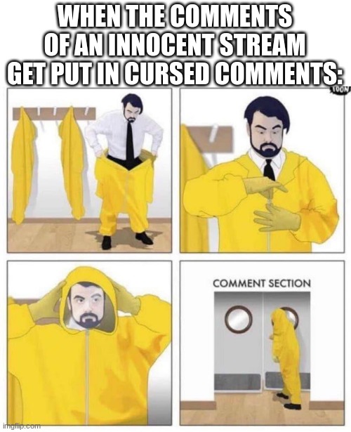 comment section | WHEN THE COMMENTS OF AN INNOCENT STREAM GET PUT IN CURSED COMMENTS: | image tagged in comment section | made w/ Imgflip meme maker