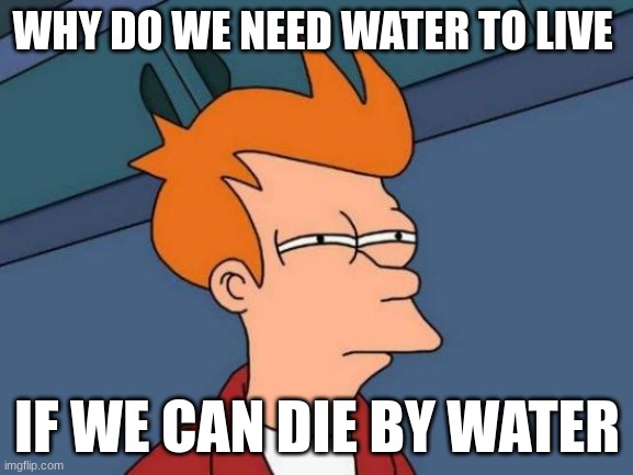 Futurama Fry Meme | WHY DO WE NEED WATER TO LIVE; IF WE CAN DIE BY WATER | image tagged in memes,futurama fry | made w/ Imgflip meme maker