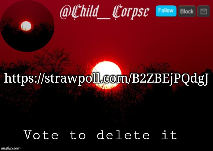 Child_Corpse announcement template | https://strawpoll.com/B2ZBEjPQdgJ; Vote to delete it | image tagged in child_corpse announcement template | made w/ Imgflip meme maker