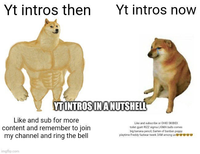 Yt intros today are literally horrible | Yt intros then; Yt intros now; YT INTROS IN A NUTSHELL; Like and sub for more content and remember to join my channel and ring the bell; Like and subscribe or OHIO SKIBIDI toilet gyatt RIZZ sigma LIGMA balls comes big banana pencil, Garten of banban poppy playtime Freddy fazbear twerk 3AM among us🤓🤓🤓🤓🤓 | image tagged in memes,buff doge vs cheems | made w/ Imgflip meme maker