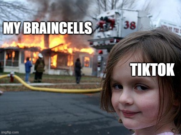 Tiktok deletes braincells | MY BRAINCELLS; TIKTOK | image tagged in memes,disaster girl | made w/ Imgflip meme maker