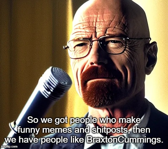 Blud fr just milking blank templates and dead memes | So we got people who make funny memes and shitposts, then we have people like BraxtonCummings. | image tagged in walter | made w/ Imgflip meme maker