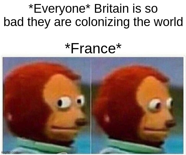 France also colonized | *Everyone* Britain is so bad they are colonizing the world; *France* | image tagged in memes,monkey puppet | made w/ Imgflip meme maker