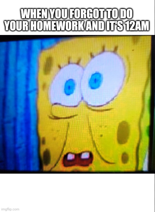 When it's 12am and you didn't finish your homework | WHEN YOU FORGOT TO DO YOUR HOMEWORK AND IT'S 12AM | image tagged in spongebob,homework,meme,relatable,so true memes | made w/ Imgflip meme maker