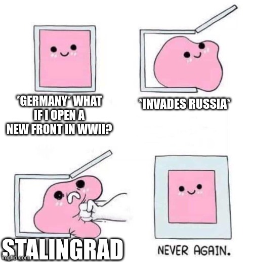 Stalingrad | *GERMANY* WHAT IF I OPEN A NEW FRONT IN WWII? *INVADES RUSSIA*; STALINGRAD | image tagged in never again | made w/ Imgflip meme maker