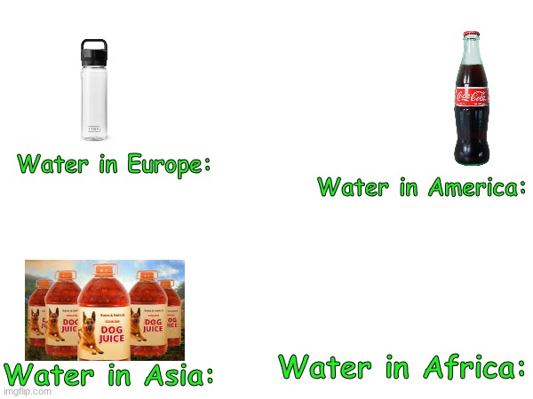 Water around the world | Water in Europe:; Water in America:; Water in Asia:; Water in Africa: | image tagged in funny,water | made w/ Imgflip meme maker