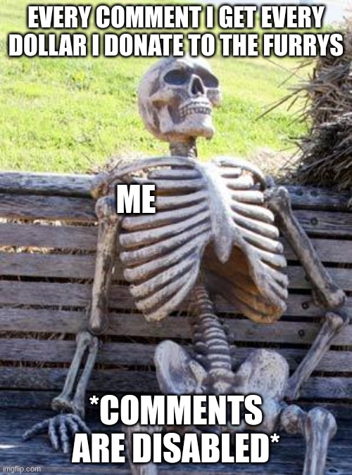 Waiting Skeleton | EVERY COMMENT I GET EVERY DOLLAR I DONATE TO THE FURRYS; ME; *COMMENTS ARE DISABLED* | image tagged in memes,waiting skeleton | made w/ Imgflip meme maker