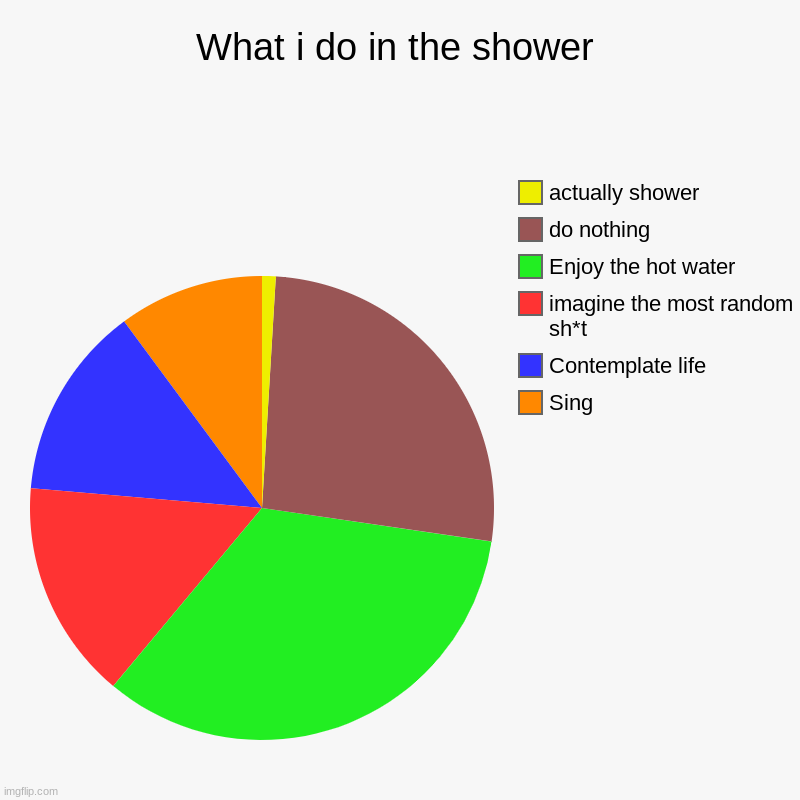 What i do in the shower | Sing, Contemplate life, imagine the most random sh*t, Enjoy the hot water, do nothing, actually shower | image tagged in charts,pie charts | made w/ Imgflip chart maker