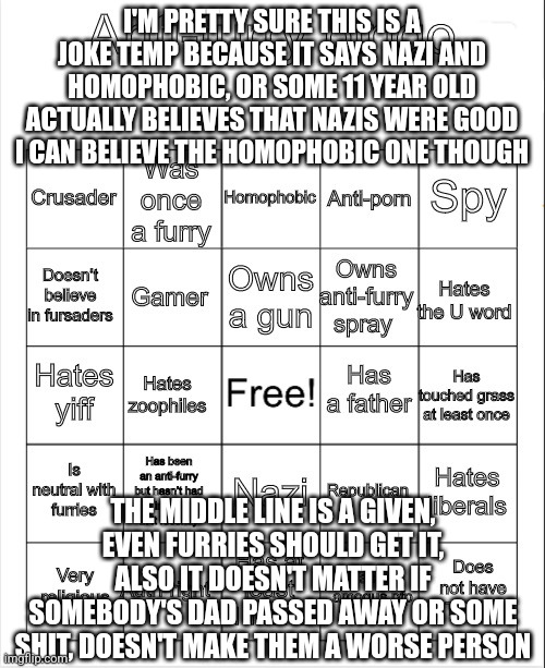 Not a furry or anything, was just interested by a post to look and the anti furry stream | I'M PRETTY SURE THIS IS A JOKE TEMP BECAUSE IT SAYS NAZI AND HOMOPHOBIC, OR SOME 11 YEAR OLD ACTUALLY BELIEVES THAT NAZIS WERE GOOD I CAN BELIEVE THE HOMOPHOBIC ONE THOUGH; THE MIDDLE LINE IS A GIVEN, EVEN FURRIES SHOULD GET IT, ALSO IT DOESN'T MATTER IF SOMEBODY'S DAD PASSED AWAY OR SOME SHIT, DOESN'T MAKE THEM A WORSE PERSON | image tagged in anti-furry bingo | made w/ Imgflip meme maker