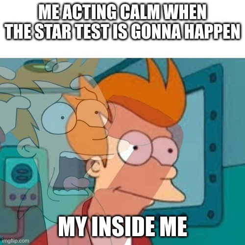 Star test be like | ME ACTING CALM WHEN THE STAR TEST IS GONNA HAPPEN; MY INSIDE ME | image tagged in fry | made w/ Imgflip meme maker
