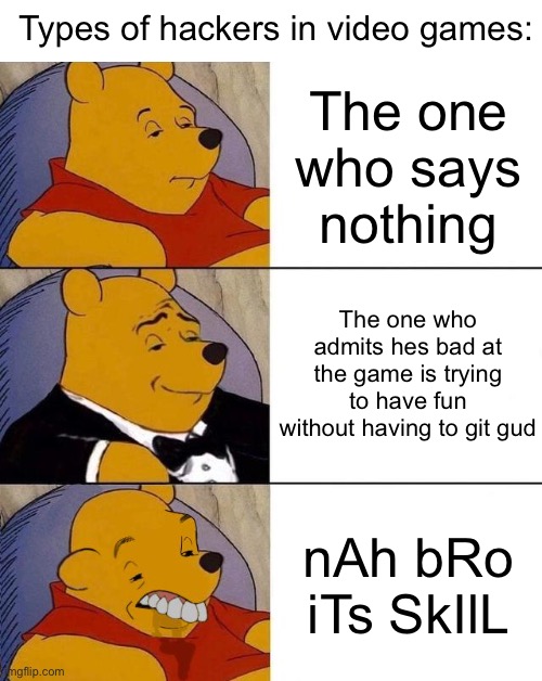 Why do they always pretend there’re skilled | Types of hackers in video games:; The one who says nothing; The one who admits hes bad at the game is trying to have fun without having to git gud; nAh bRo iTs SkIlL | image tagged in best better blurst,video games,gaming,you have been eternally cursed for reading the tags | made w/ Imgflip meme maker