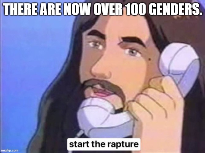 Jesus Christ start the rapture | THERE ARE NOW OVER 100 GENDERS. | image tagged in jesus christ start the rapture | made w/ Imgflip meme maker