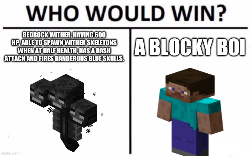 Who Would Win? | BEDROCK WITHER, HAVING 600 HP, ABLE TO SPAWN WITHER SKELETONS WHEN AT HALF HEALTH, HAS A DASH ATTACK AND FIRES DANGEROUS BLUE SKULLS. A BLOCKY BOI | image tagged in memes,who would win | made w/ Imgflip meme maker