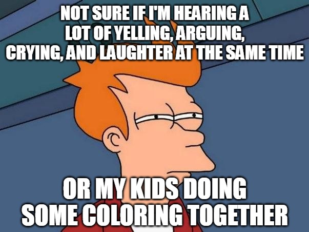 Not sure if- fry | NOT SURE IF I'M HEARING A LOT OF YELLING, ARGUING, CRYING, AND LAUGHTER AT THE SAME TIME; OR MY KIDS DOING SOME COLORING TOGETHER | image tagged in not sure if- fry,meme,memes,funny | made w/ Imgflip meme maker