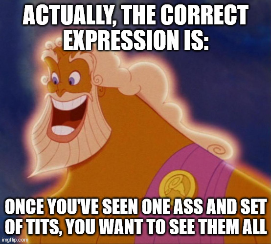 Horny Zeus | ACTUALLY, THE CORRECT
EXPRESSION IS: ONCE YOU'VE SEEN ONE ASS AND SET
OF TITS, YOU WANT TO SEE THEM ALL | image tagged in horny zeus | made w/ Imgflip meme maker