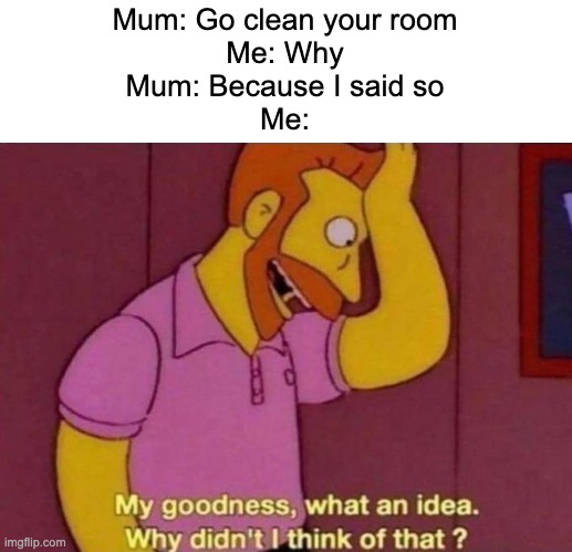 fr | Mum: Go clean your room
Me: Why
Mum: Because I said so
Me: | image tagged in my goodness what an idea why didn't i think of that | made w/ Imgflip meme maker