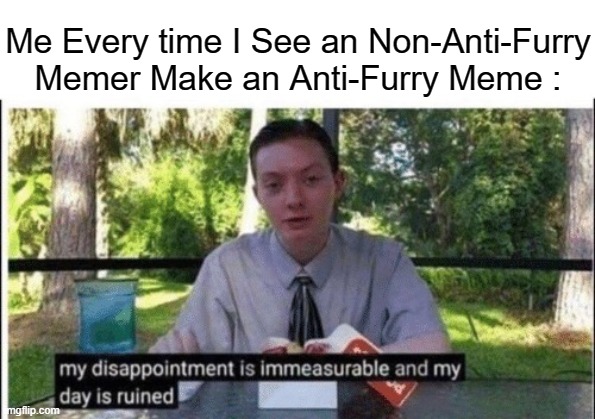 Update : My Life Is Now Ruined. Because of Racist Anti-Furries Raiding My Posts Here In This Stream. | Me Every time I See an Non-Anti-Furry Memer Make an Anti-Furry Meme : | image tagged in my dissapointment is immeasurable and my day is ruined,pro-fandom,urgent,i need a cuddle | made w/ Imgflip meme maker