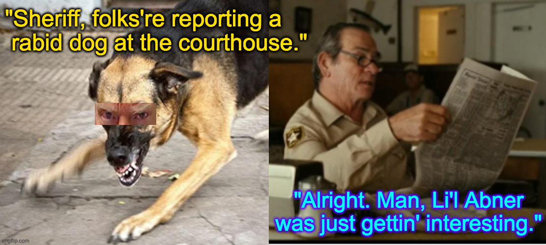 By an interesting coincidence, the beast is from Dogpatch, Florida. | "Sheriff, folks're reporting a
 rabid dog at the courthouse."; "Alright. Man, Li'l Abner
was just gettin' interesting." | image tagged in memes,tommy explains,rabid dog,dogpatch donnie,mangy cur | made w/ Imgflip meme maker