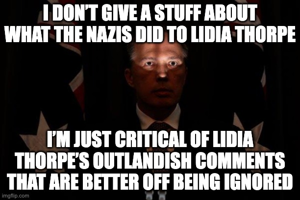 Diaper Dutton doesn’t show any support towards Lidia Thorpe after facing death threats from a Neo-Nazi | I DON’T GIVE A STUFF ABOUT WHAT THE NAZIS DID TO LIDIA THORPE; I’M JUST CRITICAL OF LIDIA THORPE’S OUTLANDISH COMMENTS THAT ARE BETTER OFF BEING IGNORED | image tagged in shadowed peter dutton,lidia thorpe,neo-nazis,death threats,auspol | made w/ Imgflip meme maker