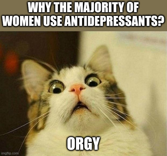 orgy | WHY THE MAJORITY OF WOMEN USE ANTIDEPRESSANTS? ORGY | image tagged in memes,scared cat | made w/ Imgflip meme maker