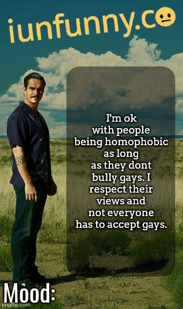 iUnFunny's Lalo Salamanca Template | I'm ok with people being homophobic as long as they dont bully gays. I respect their views and not everyone has to accept gays. | image tagged in iunfunny's lalo salamanca template | made w/ Imgflip meme maker