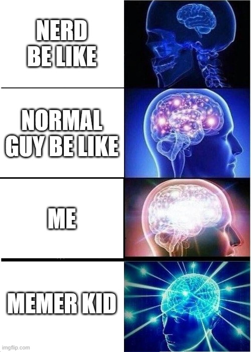 Expanding Brain Meme | NERD BE LIKE; NORMAL GUY BE LIKE; ME; MEMER KID | image tagged in memes,expanding brain | made w/ Imgflip meme maker