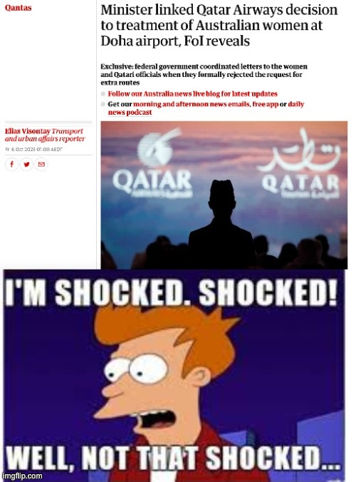 It’s no surprise that the blocking of Qatar Airways flights to Australia was to do with the treatment of women | image tagged in shocked,qatar airways,women rights,national interest,exposed | made w/ Imgflip meme maker