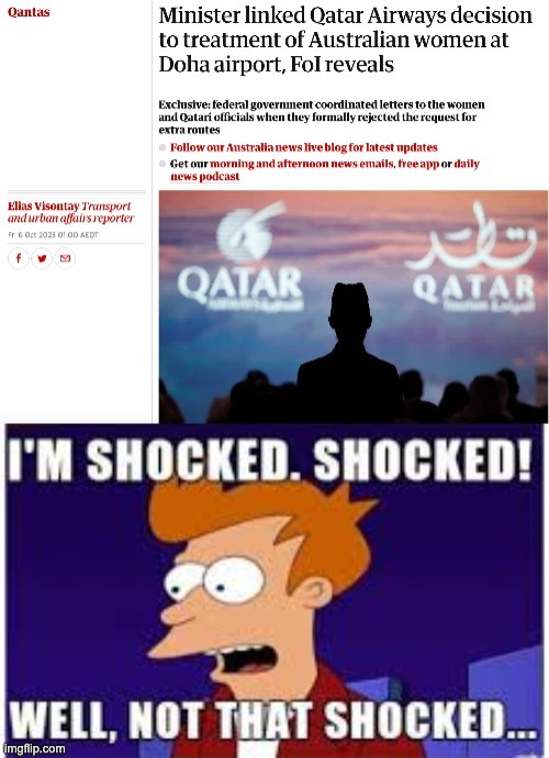 It’s no surprise that the blocking of Qatar Airways flights to Australia was to do with the treatment of women | image tagged in shocked,qatar airways,womens rights,national interest,exposed,auspol | made w/ Imgflip meme maker