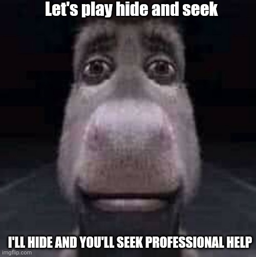 When my friend says something retarded | Let's play hide and seek; I'LL HIDE AND YOU'LL SEEK PROFESSIONAL HELP | image tagged in donkey staring | made w/ Imgflip meme maker