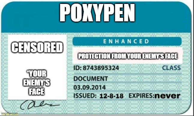 The lisence | POXYPEN; CENSORED; PROTECTION FROM YOUR ENEMY'S FACE; *YOUR ENEMY'S FACE | image tagged in the lisence | made w/ Imgflip meme maker