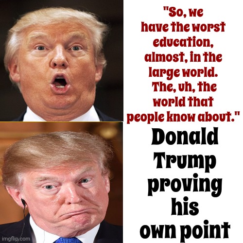 Yes.  He Said That.  And No.  Nobody Is Surprised | "So, we have the worst education, almost, in the large world.  The, uh, the world that people know about."; Donald Trump proving his own point | image tagged in memes,drake hotline bling,lock him up,scumbag trump,trump is a moron,scumbag maga | made w/ Imgflip meme maker