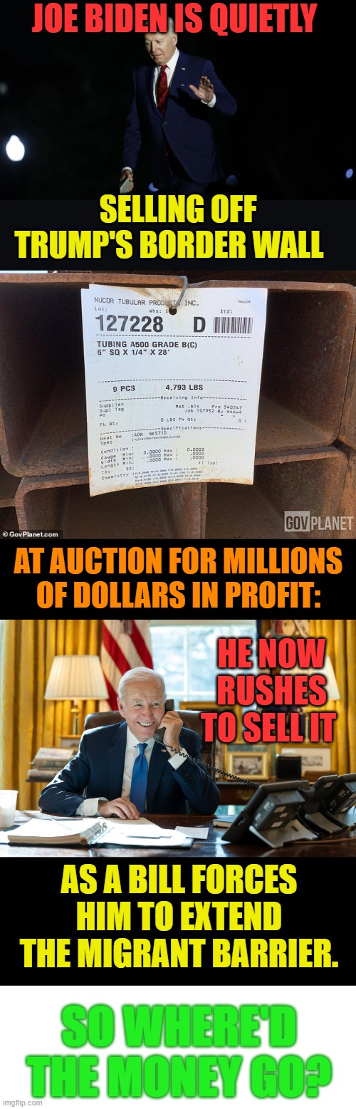 Have You Heard? | JOE BIDEN IS QUIETLY; SELLING OFF TRUMP'S BORDER WALL; AT AUCTION FOR MILLIONS OF DOLLARS IN PROFIT:; HE NOW RUSHES TO SELL IT; AS A BILL FORCES HIM TO EXTEND THE MIGRANT BARRIER. SO WHERE'D THE MONEY GO? | image tagged in memes,politics,joe biden,quiet,for sale,border wall | made w/ Imgflip meme maker