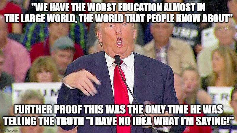 Trump Mocks Reporter | "WE HAVE THE WORST EDUCATION ALMOST IN THE LARGE WORLD, THE WORLD THAT PEOPLE KNOW ABOUT"; FURTHER PROOF THIS WAS THE ONLY TIME HE WAS TELLING THE TRUTH "I HAVE NO IDEA WHAT I'M SAYING!" | image tagged in trump mocks reporter | made w/ Imgflip meme maker